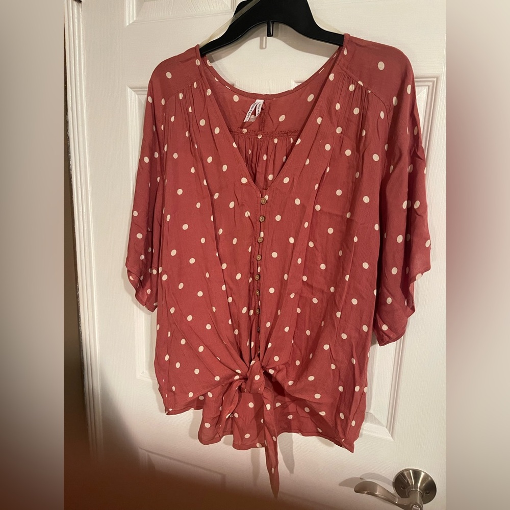 Polka Dot Button-Down Tie-Front Top